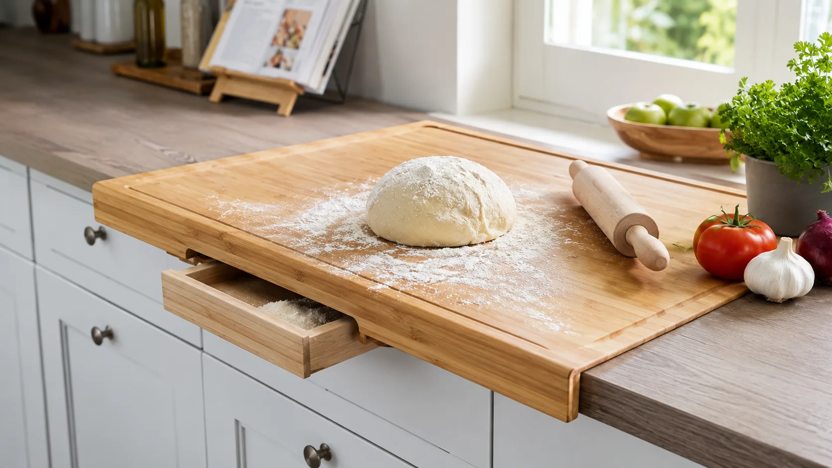 Kombinerat bakbord och skärbräda placerat på bänkskåp i ljust kök