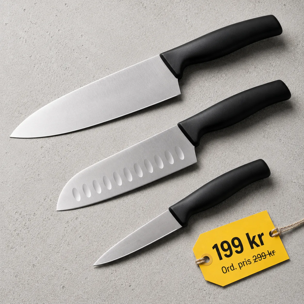 Tre moderna köksknivar med svarta handtag och prislapp för kampanjpris