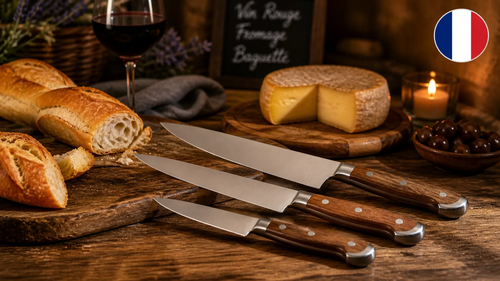 Franska knivar med trähandtag på rustikt bord med baguette, ost och rödvin