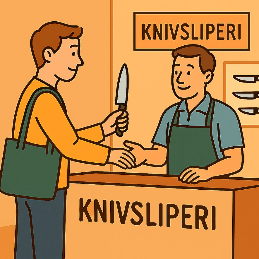 En man lämnar in knivar till ett knivsliperi