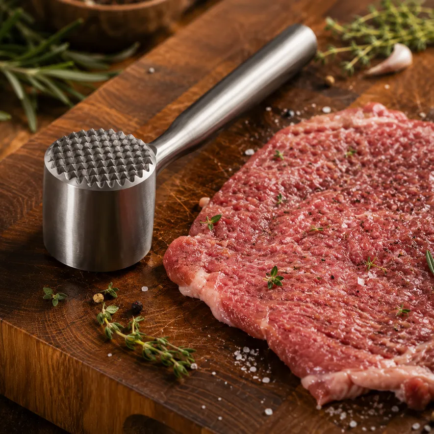 Köttklubba av stål på slaktarblock bredvid mört kött och örter