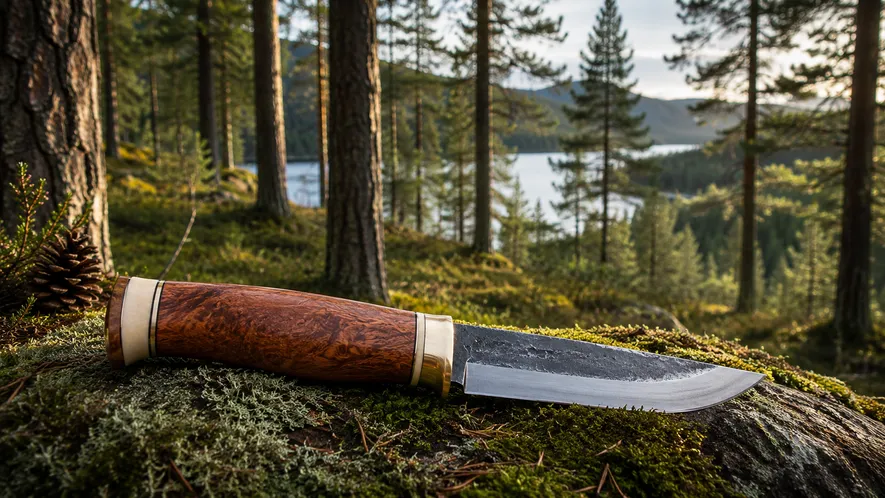 Traditionell norsk friluftskniv med trähandtag liggande på en mossig sten i skogen