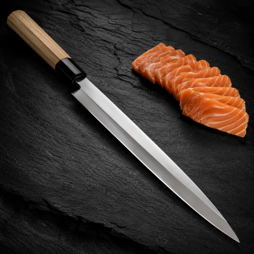 Yanagiba sashimikniv med lång enkel slipning på japansk träyta